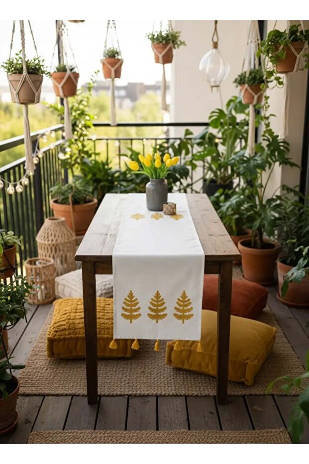 Nakışlı Keten Runner - 1