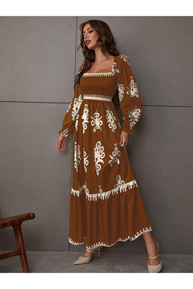 Women Bronze Printed Square Neck Maxi Dress