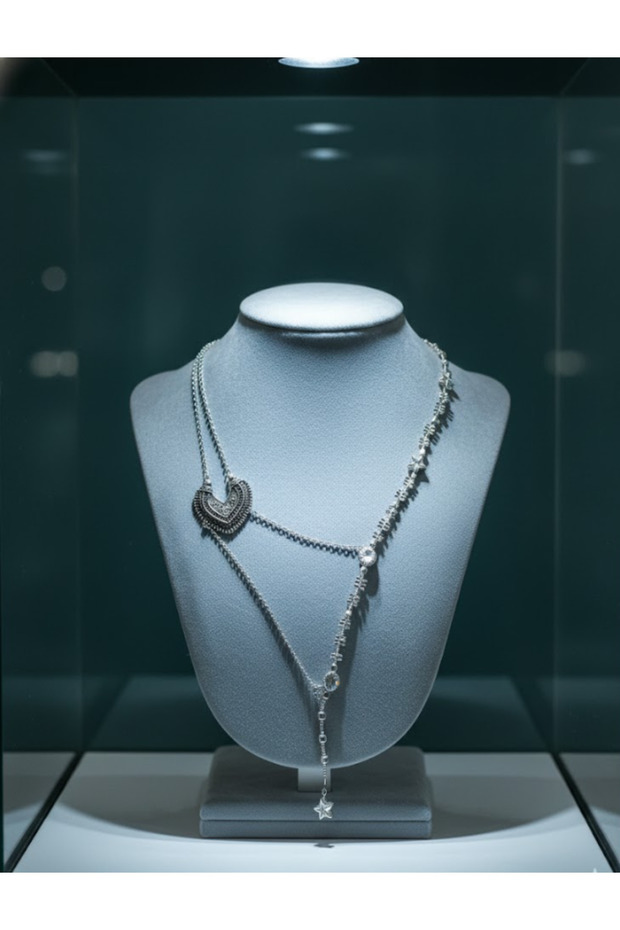 قلادة طويلة بسلسلة مزدوجة من الفضة الأصلية - 3