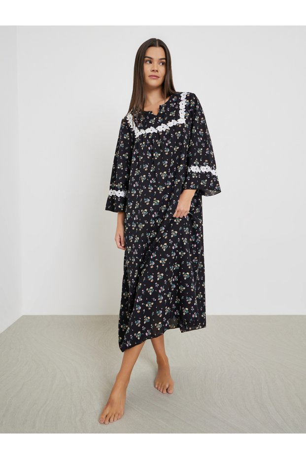 All-Over Floral Print Flared Sleeves Nightdress with Lace Detail