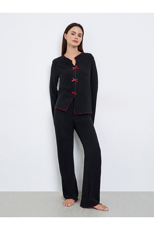 Rib Bow Trim Detail Top and Pyjama Set