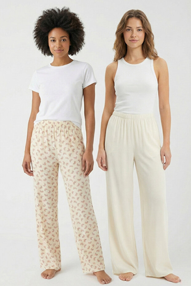 Croissant Printed Viscose Woven 2-Piece Relaxed Fit Pajama Bottoms Set