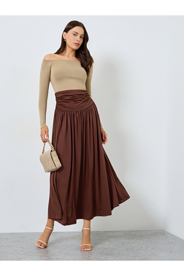 Brown Solid A-Line Pleated Knit Maxi Skirt