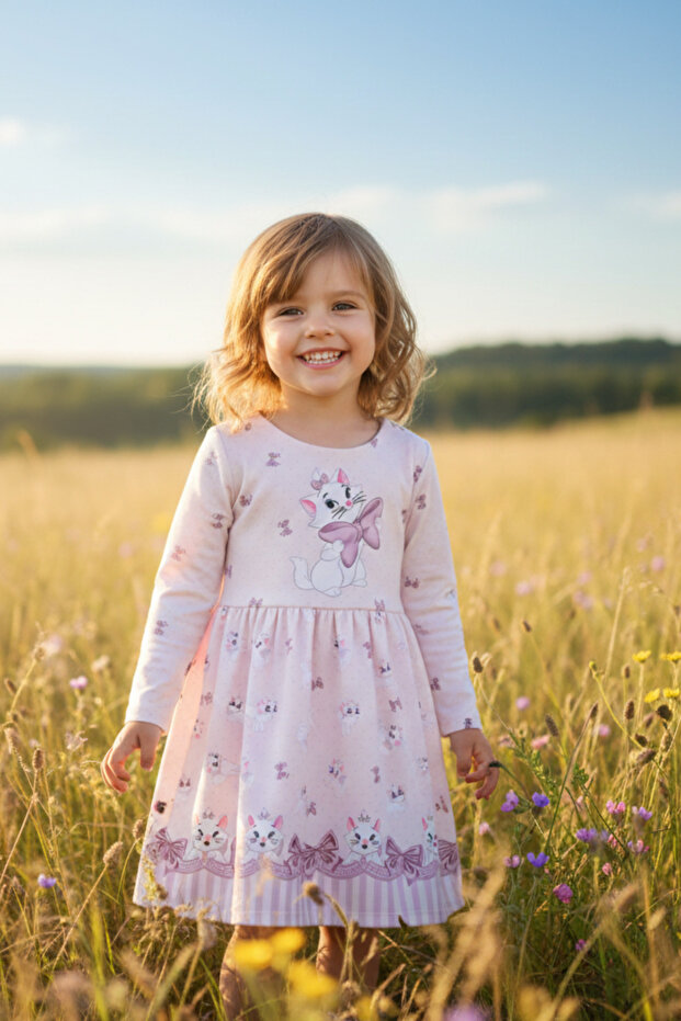 Girls' Long Sleeve Cat Patterned Bow Dress