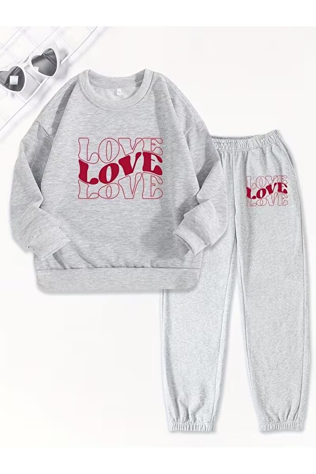 Unisex Love Printed Crew Neck Sweatshirt and Jogger Sweatpants - Bottom Top Set