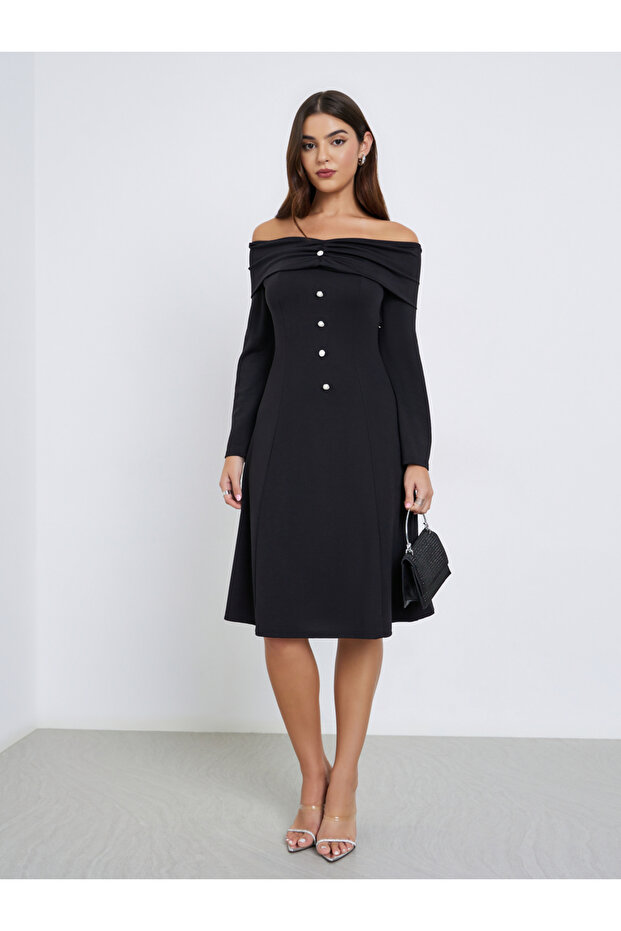 Black Off-Shoulder A-Line Knee-Length Dress