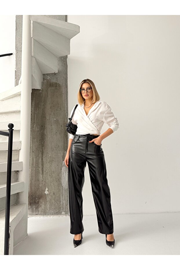 High Waist Black Loose Leg Leather Pants
