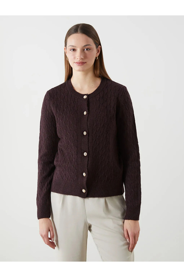 Lcwaikiki Basic Burgundy Self Patterned Women's Knitwear Cardigan