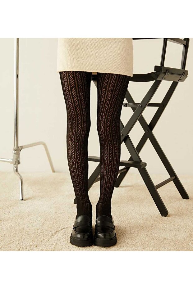 Black Girls' Pantyhose with File Detail Pattern