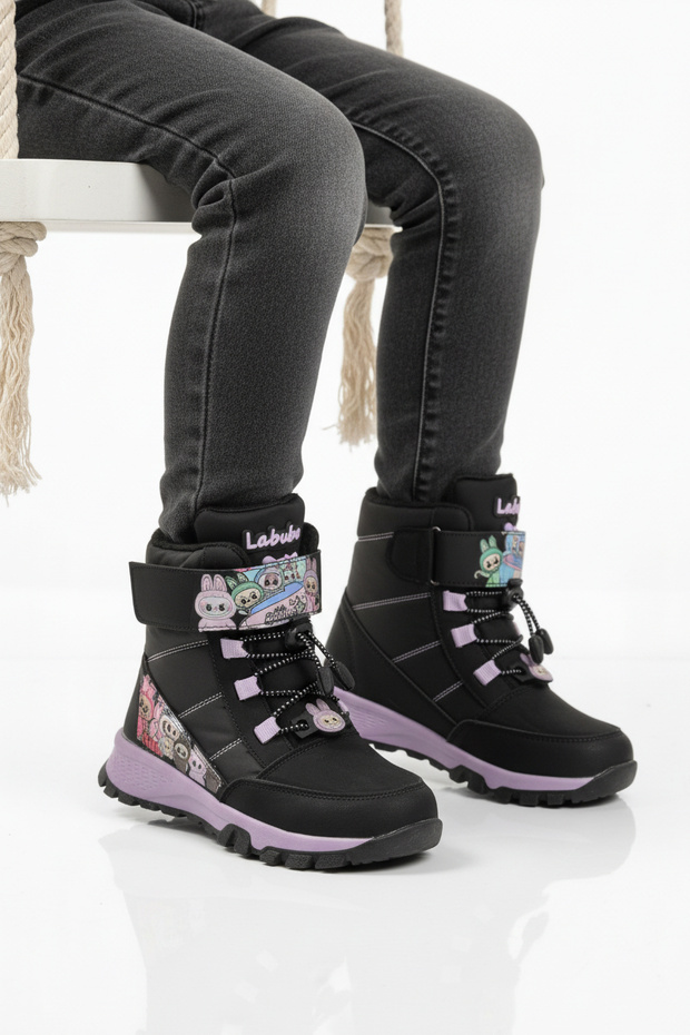 Black Fur Inside Cold Resistant Non-Slip Girls' Boots 999 F