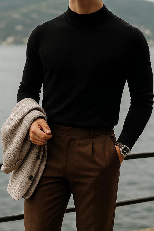 Men's High Neck Casual Black Knit Sweater