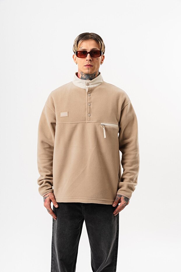 Men's Half Zip Oversized Fleece Jacket Beige