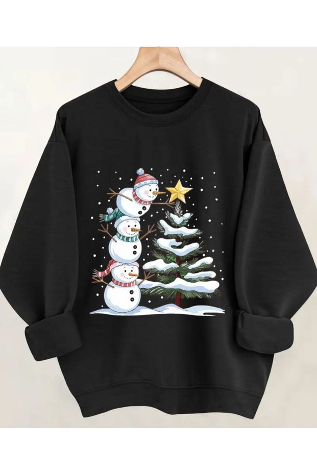 Snowmen Print Detailed Crew Neck Sweatshirt