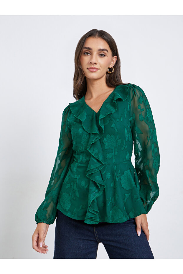 Emerald Green Ruffle Detail Long Sleeves Blouse