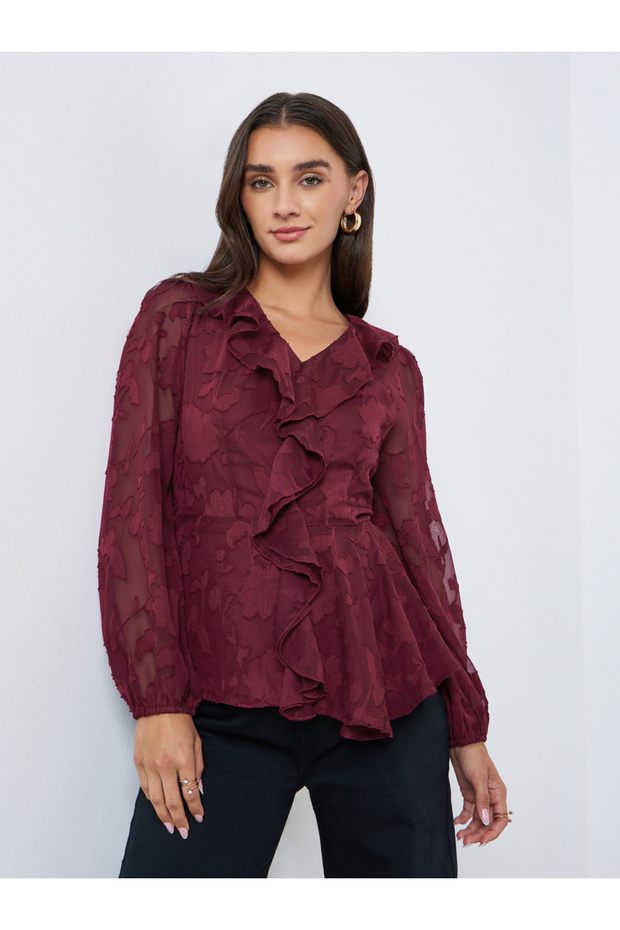 Maroon Ruffle Detail Long Sleeves Blouse