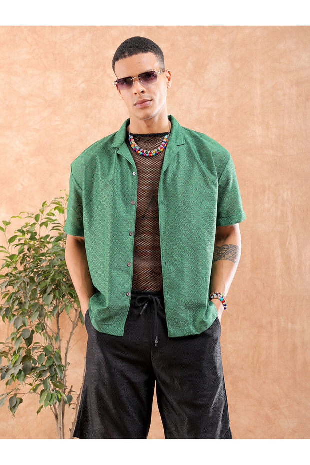 Men Green Resort Collar Textured Shirt