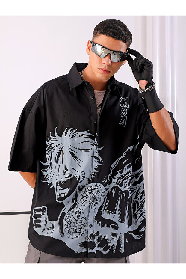 Men Black Graphic Print Spread Collar Shirt