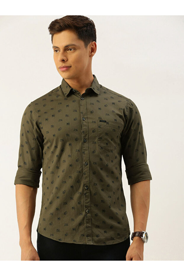 Olive Graphic Print Slim Fit Shirt