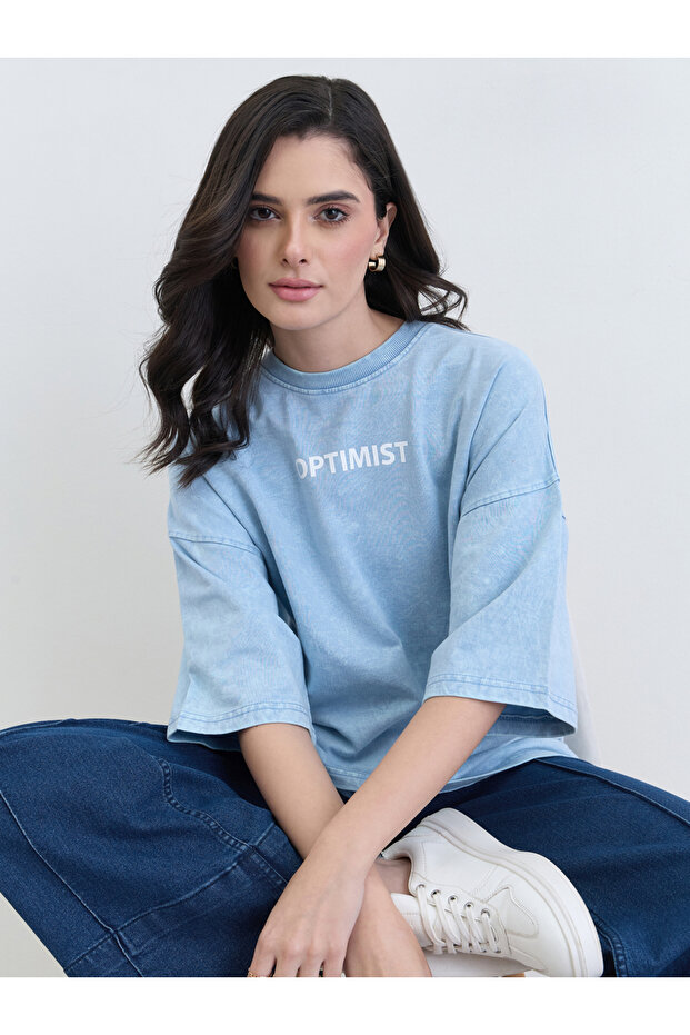 Light Blue Oversized Slogan Print T-Shirt