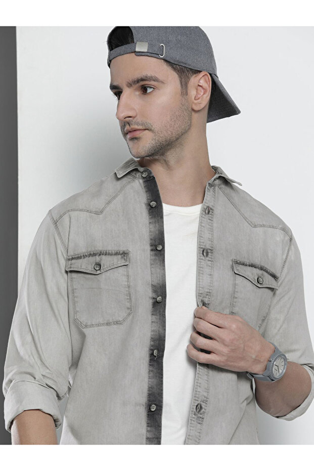 Men Grey Washed Casual Shirt