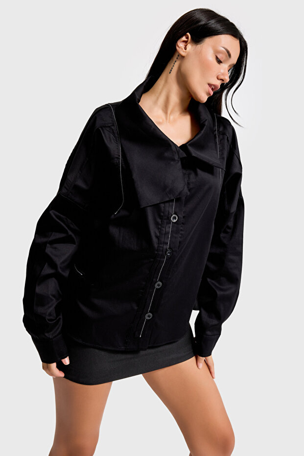 Kadın Siyah Renk Oversize Özel Tasarım Gömlek - 6