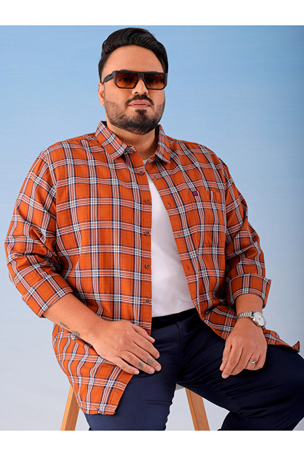 Plus Size Brown Checked Shirt