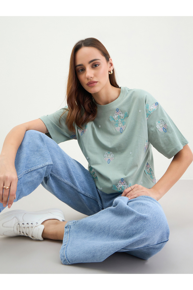 Green Embroidered Oversized T-Shirt