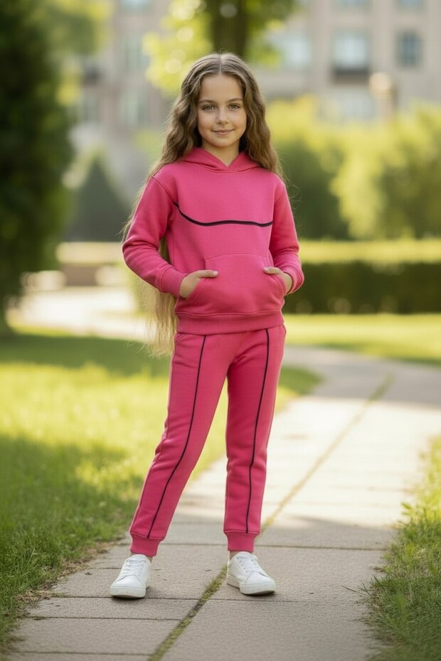 Double Yarn Girls' Hooded Top and Bottom Tracksuit Set, 100% Cotton