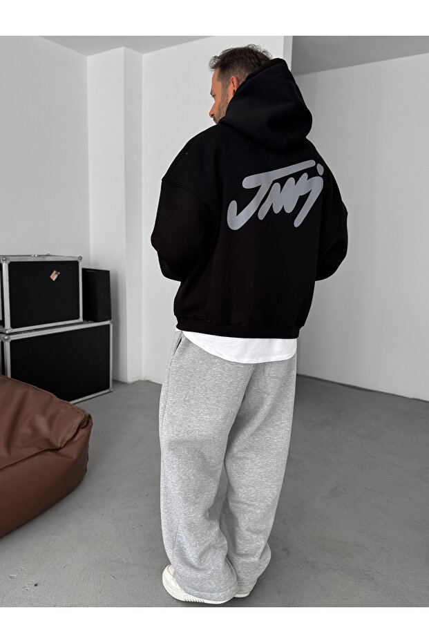 Siyah Basic Baskılı Kapüşonlu Sweatshirt JJ-101 - 5