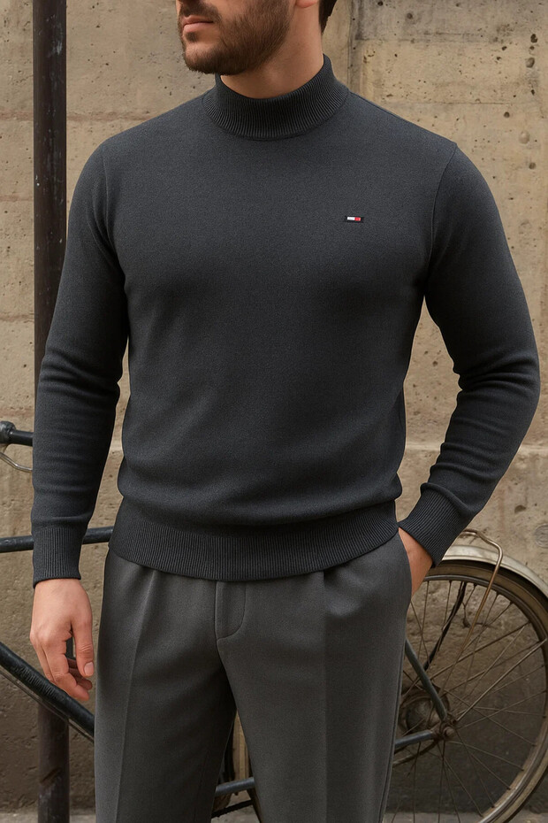Herren-Winterpullover mit halbhohem Kragen, schmal geschnitten, Basic, geräuchert - 3