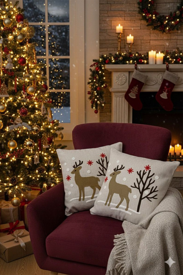 Christmas Themed Deer Punch Embroidered Decorative 2-Piece Throw Pillow Cover Set