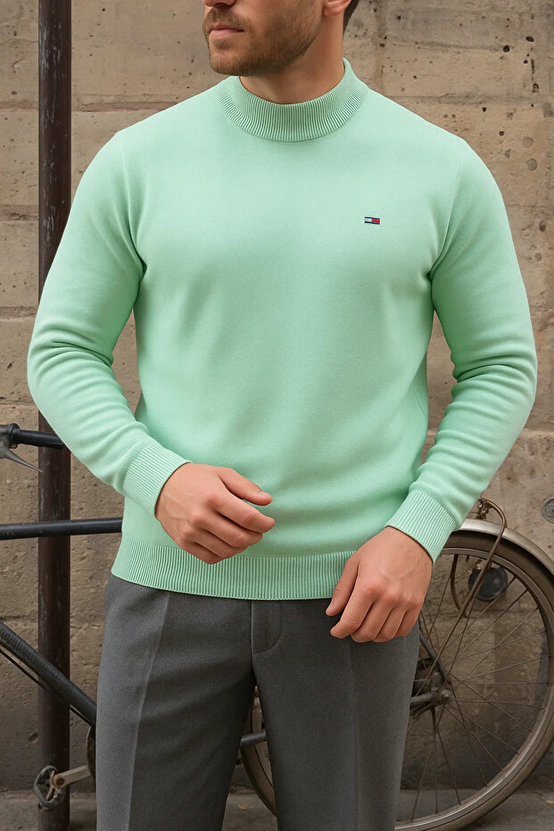 Erkek Kışlık Yarım Boğazlı Dar Basic Mint Kazak - 4