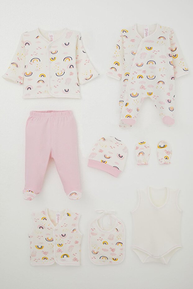 Baby Girl Hospital Release 8-Piece Set, Sky-Themed Cloud Pattern, 0-3 Months, Ecru