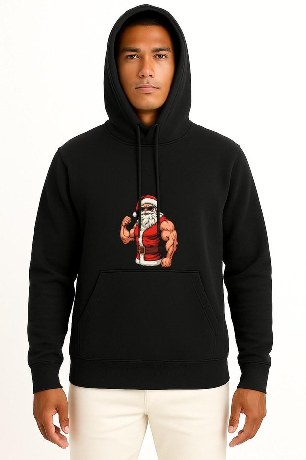 Hooded Muscular Santa Claus New Year Christmas Chest Printed Unisex Sweatshirt