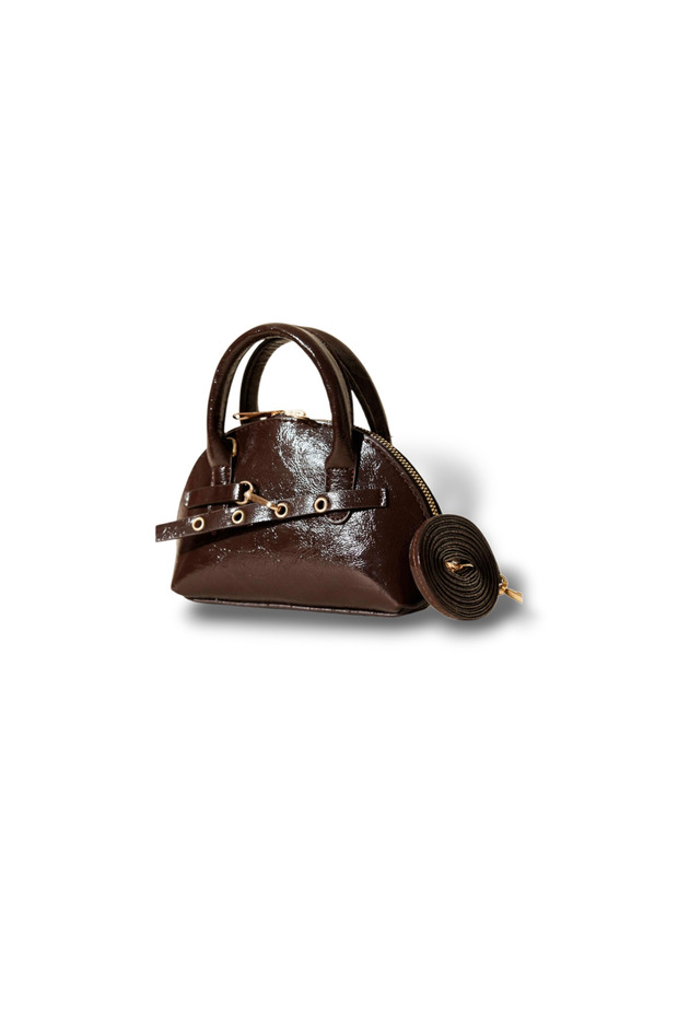 Ezzybliss Women's Bitter Brown Ellipse Small-Mini Size Shiny Belted Zippered Handbag with Shoulder Strap