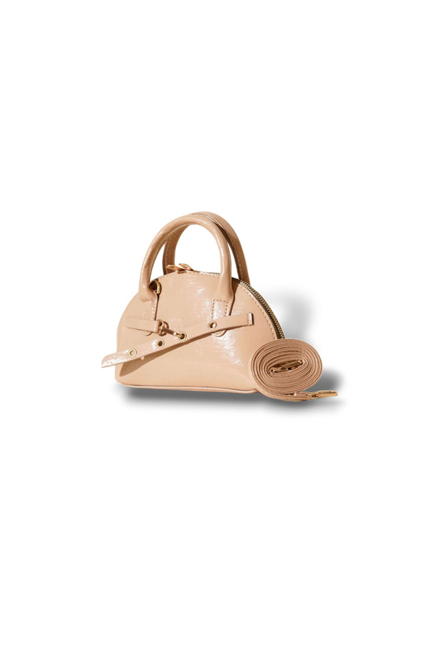 Women's Mink Ellipse Small-Mini Size Shiny Belted Zippered Handbag Shoulder and Strap Bag