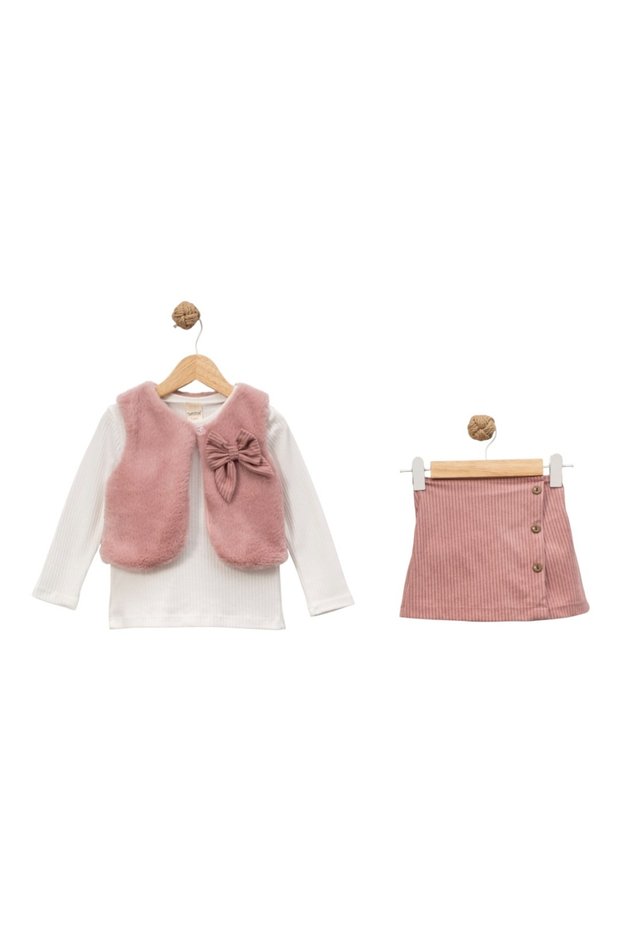 Girl's Plush Vest Set Three-Piece Set – Powder Shorts Skirt Combination (2-5 Years)
