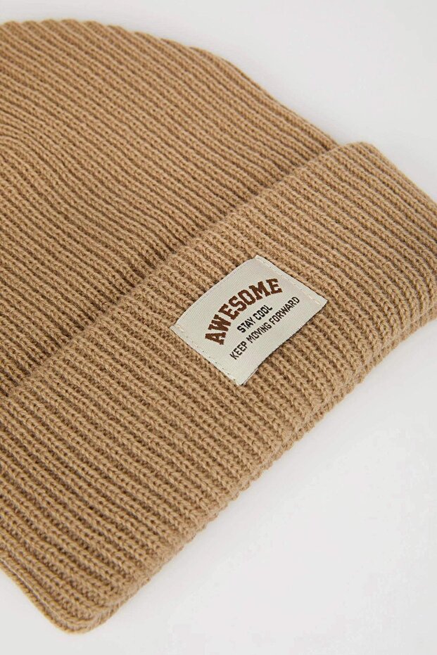 Boy's Woven Label Corded Fabric Knit Beanie (25 Wn)