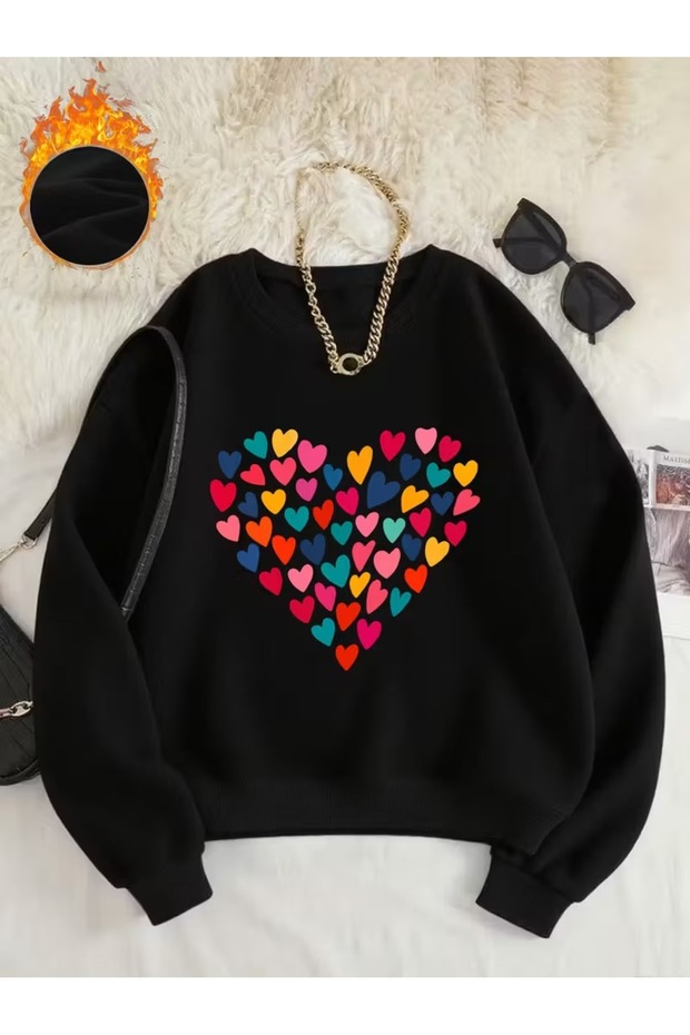 Women's Black Heart Rain Printed Crew Neck Oversized Sweatshirt