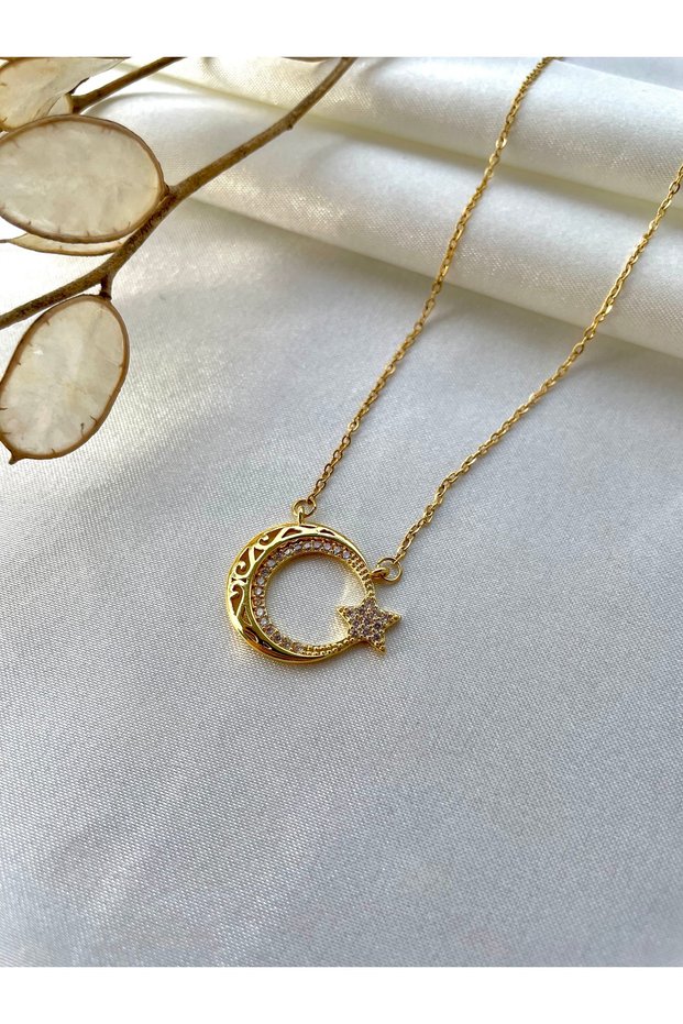 Moon Star Gold Steel Necklace 45 cm – Gift Necklace in Box