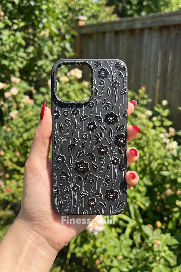 حافظة متوافقة مع هاتف iPhone 14 Pro Max بتصميم زهور مطبوع باللون الأسود - 1