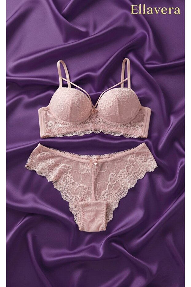 Ellavera 4210 Cross Strap Detailed Lace Bralette Set Dusty Rose