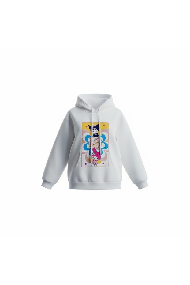 Girl Child Printed 4-8 Years Old Hooded White Color Sweatshirt 100% Cotton Thick
