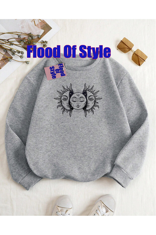 Gray Moon Sun Faces Minimalist Printed Crew Neck Sweatshirt