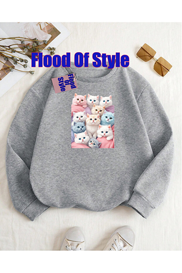 Gray Cat Minimalist Printed Biskilet Collar Sweatshirt