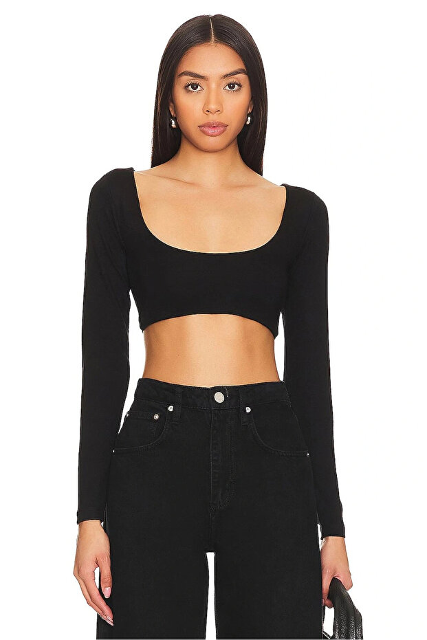 Women's Black Double Layer Sandy Fabric Wide U Neck Long Sleeve Crop Blouse