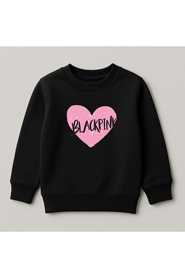 Black Pink Printed Crew Neck 100% Cotton Kids Sweatshirt