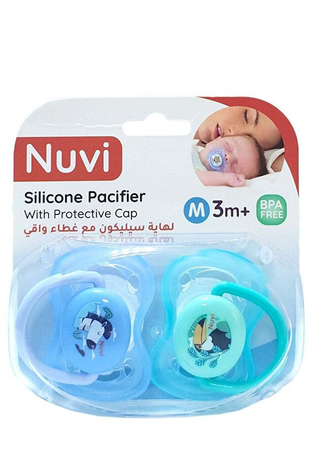 Silicone Pacifier With Protection Cap 3m+ Pack Of 2 - Physiological Pacifier, Medium Blue/Green