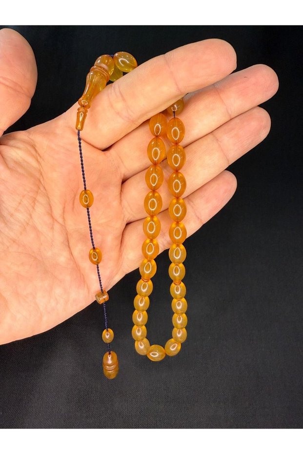 Muhammaed Taci̇r Master-Made Squashed Amber Tesbih Beige Cut Yellow/Honey Color 11Mmx8Mm T-801