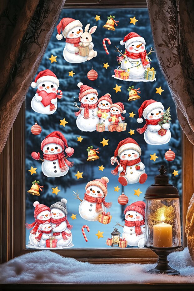 Christmas Window Sticker Set with Snowman | Double-Sided View | Water Resistant - New Year Ornament
